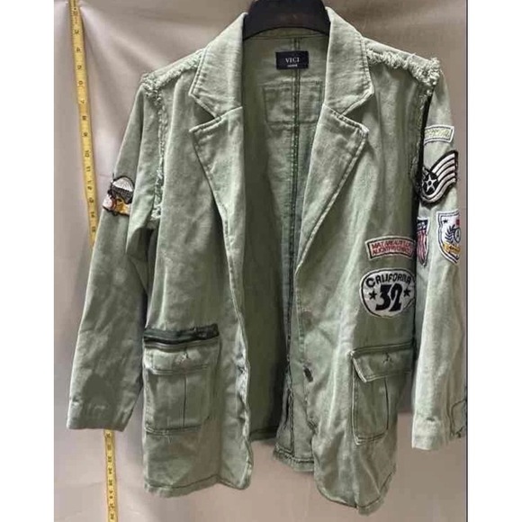 Vici Jacket Blazer M Green Military Aviator Patches Oversized Raw Edges Open - Picture 3 of 11